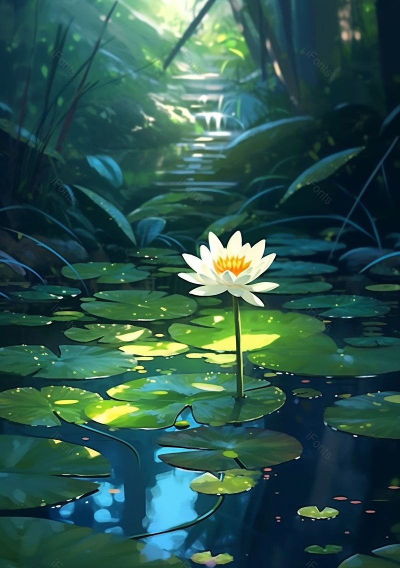 深林中荷塘荷花盛开美景插画绿色背景,插画/手绘图,插画/手绘图库,插画/手绘图下载,插画/手绘
